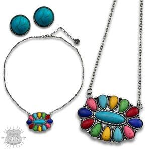 Multicolor Stone Flower Necklace Earring Set